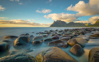 Rocky beach sunset mountains boat - sunrise free wallpaper