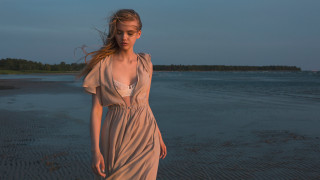 Woman beach dress ocean dusk - impressionist free wallpaper
