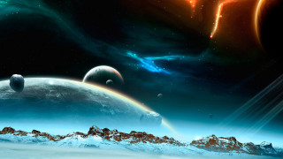Space mountains planets bright star - a. hardy free wallpaper