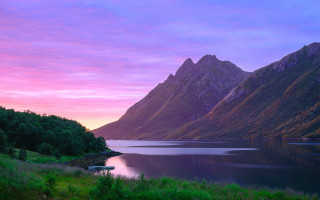 Mountain lake boat sunset pink 2 - sky free wallpaper