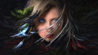 Woman blue eyes bird feathers - digital painting free wallpaper