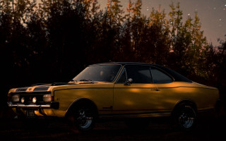 Yellow car forest night stars - anamorphic len free wallpaper