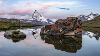 Mountain lake rock sky fantasy - a pink sky free wallpaper