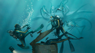 Scuba divers large fish underwater - lovecraftian free wallpaper