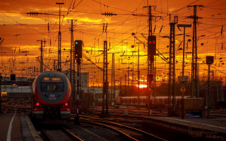 Train sunset railway power lines - a train free wallpaper