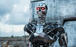Robot red eyes cyberpunk concrete - a robot free wallpaper