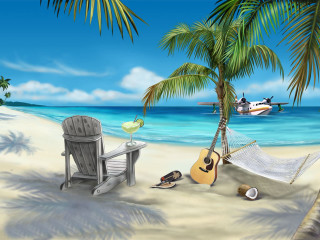 Beach guitar sunset waves sand - a hammock free wallpaper