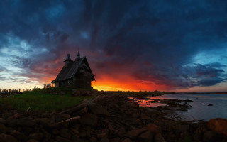 Rocky shore house sunset mystical - andrey ryabovichev free wallpaper