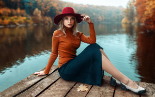 Woman hat dress lake autumn - a woman in a hat free wallpaper