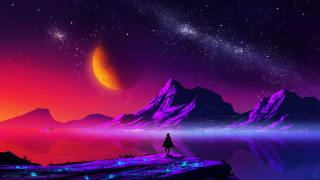 Starry sky cliff astronaut mountains - synthwave style free wallpaper