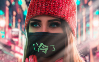Woman red hat black mask - green letter free wallpaper