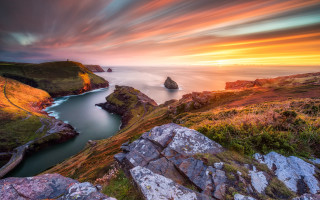 Sunset water rocks grass forest - beautiful landscape free wallpaper