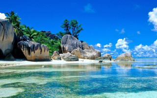 Beach rocks water trees blue - rock and water free wallpaper