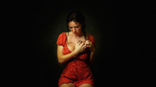 Woman red dress holding phone - brad kunkle free wallpaper