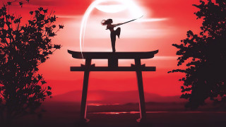 Woman sunset torii autumn leaves - a platform free wallpaper