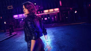 Neon night street woman astronaut - a neon light behind her free wallpaper