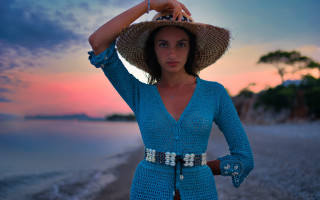 Woman blue dress straw hat 2 - ektachrome photograph free wallpaper