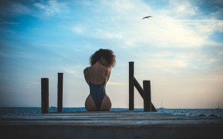Woman dock ocean bird sky - an album cover free wallpaper