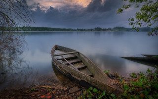 Lake boat cloudy sky forest - ferenc joachim free wallpaper