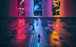 Cyberpunk man walking city lights - cinema 4 d free wallpaper
