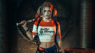 Woman cosplay baseballbat multicoloredhair midriff - holding free wallpaper