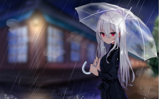 White hair gothic anime rain - a house in the background free wallpaper