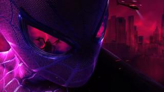 Futuristic city helicopter purple mask - overhead in the sky free wallpaper