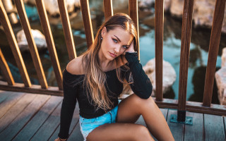 Woman deck river blonde portrait 2 - a wooden deck next free wallpaper