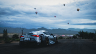 Car dirtroad hotairballoons desert panfuturism - hyperrealistic free wallpaper