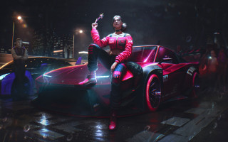 Futuristic car rain night cyberpunk - synthwave style free wallpaper