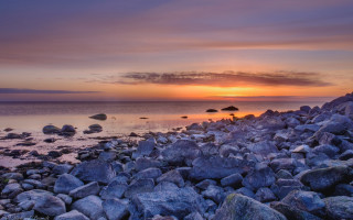 Sunset rocky beach birds clouds - the rock free wallpaper