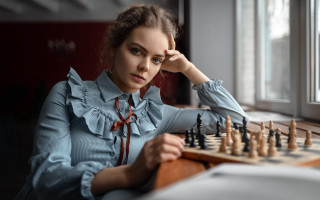 Woman chessboard table hand head - neoclassicism free wallpaper for desktop