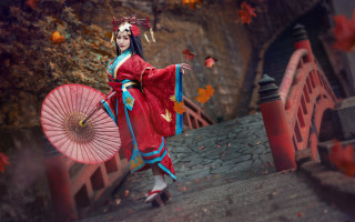 Woman kimono umbrella autumn portrait - a red leaf free wallpaper