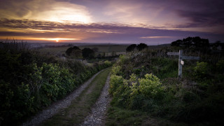 Sunset path field clouds mountain - a path free wallpaper