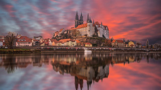 Castle red sky water mountain - german romanticism free wallpaper
