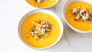 Three bowls soup marble table - top of them free wallpaper