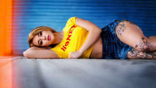 Tattooed woman popart elina karimova - blue skirt free wallpaper