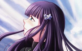 Purple hair girl flower sky - classical realism free wallpaper