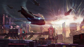 Futuristic city clocktower spacecraft bridge - free sci-fi wallpaper