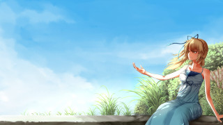 Woman blue dress sitting pleinair - a ledge free wallpaper