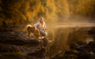 Woman dog river fall sunset - artur tarnowski free wallpaper