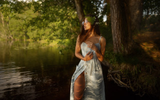 Woman white dress lake forest 2 - tree and water free wallpaper
