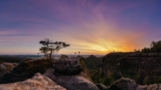 Tree rock formation sunset mountain - widescreen free wallpaper