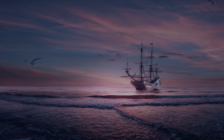 Ship sailing ocean sunset bird - over the water free wallpaper