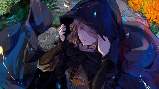 Woman black hat coat umbrella - a waterfall behind her free wallpaper