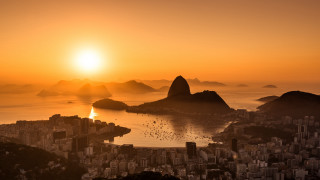 Sunset city mountains water birds - a body of water and mountains free wallpaper