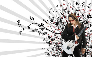 Woman guitar floral background sunburst - a guitar in front free wallpaper
