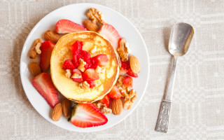 Pancakes strawberries nuts spoon fork - strawberry free wallpaper