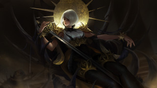 Woman sword demon dark room 2 - her hand and a demon free wallpaper