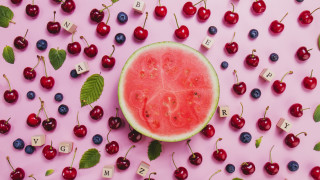Watermelon blueberries cherries pink summer - a pink surface free wallpaper
